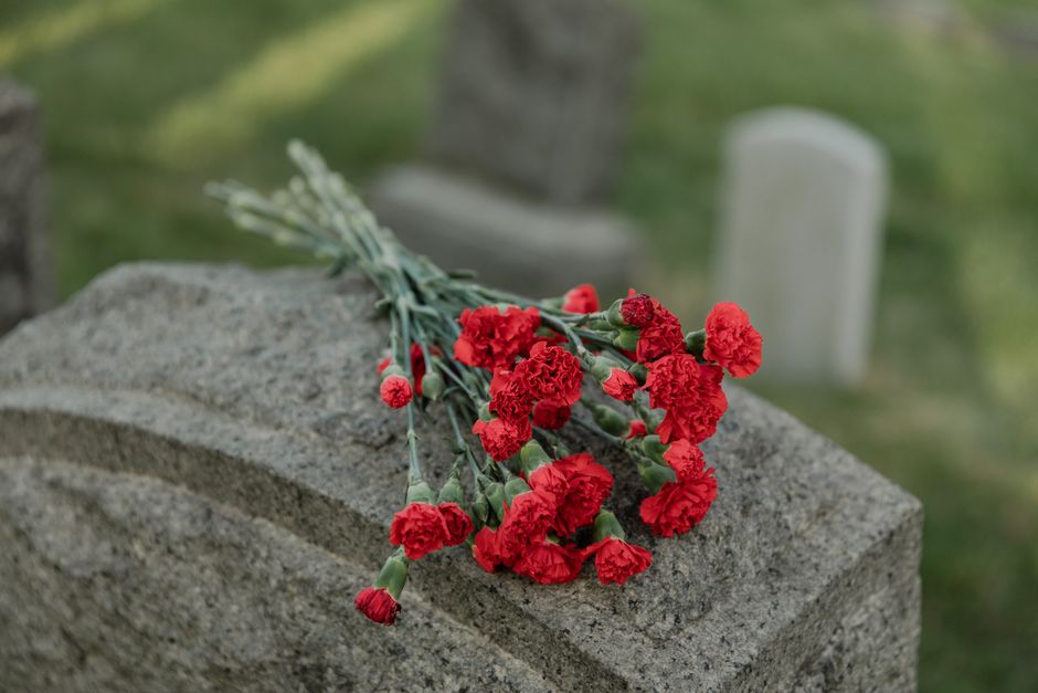 A bouquet of bright red carnations with ruffled petals and green stems, resting on a weathered gray stone grave marker in a cemetery. The flowers are fresh, with some buds still partially closed, and 
